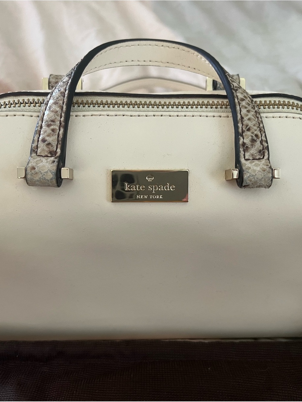 kate spade Cream Satchel with Snake-Print Handles and Gold Plaque
